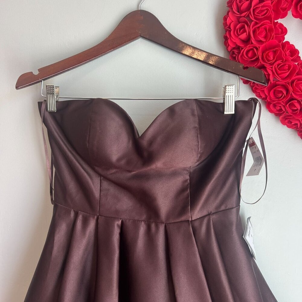 Blondie Nites Lamour Lace-Up Mini Satin Skater Dress Sz 7 in Brown Chocolate - Picture 2 of 13